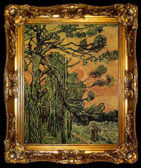framed  Vincent Van Gogh Palm Trees against a Red Sky with Setting Sun, ta009-2